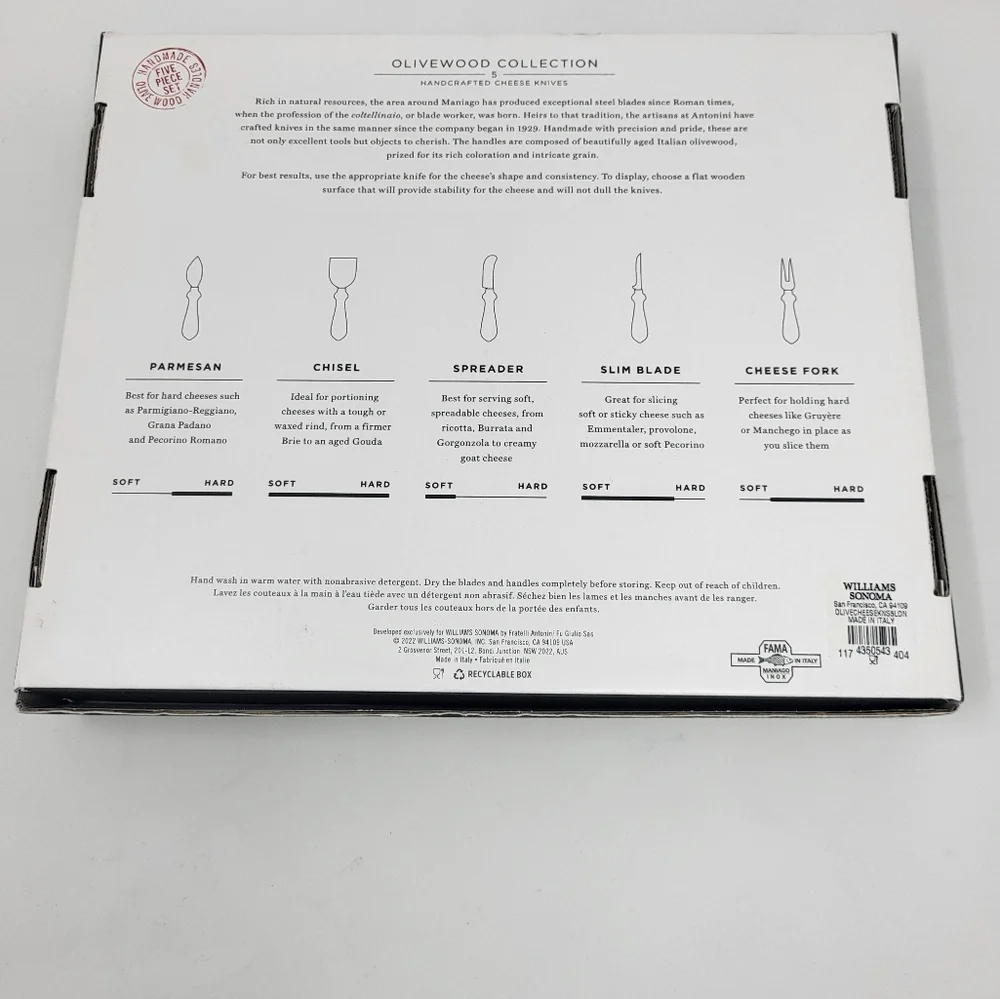 Williams Sonoma Olivewood 5-piece Cheese Knife Set‎ Entertaining Made In Italy